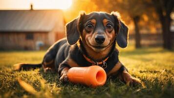 A playful dog lying on grass with a toy in a warm, golden sunset. photo