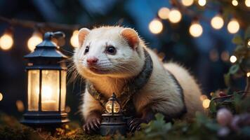 A cute ferret in a harness near lanterns, creating a whimsical nighttime scene. photo