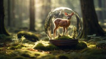 A serene scene of a fawn enclosed in a glass dome, surrounded by a lush forest setting. photo