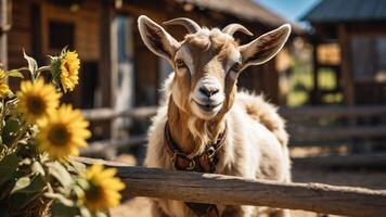 A friendly goat stands near sunflowers in a rustic farm setting. photo