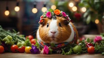 A cute guinea pig adorned with flowers, surrounded by fresh vegetables and colorful blooms. photo