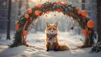 A fox sits beneath a festive archway adorned with ornaments in a snowy forest. photo