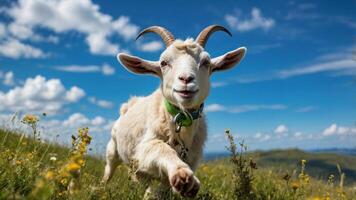 A playful goat running in a vibrant meadow under a blue sky with fluffy clouds. photo