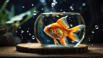 A goldfish swimming in a bowl, surrounded by bubbles, set against a dark background. photo
