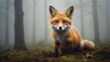 A fox sitting in a misty forest, showcasing its vibrant fur and curious expression. photo