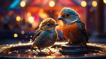 Two colorful birds bathing in a fountain, surrounded by a softly lit, festive atmosphere. photo