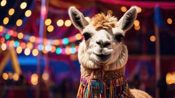 A close-up of a llama adorned with colorful decorations at a festive event. photo