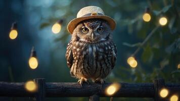 A charming owl wearing a straw hat, surrounded by glowing lights in a serene setting. photo