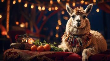 A llama adorned with a colorful necklace relaxes among fruits in a cozy, festive setting. photo