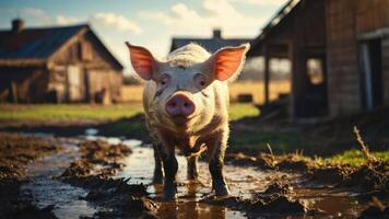 A pig stands in a muddy field with rustic buildings in the background under a sunny sky. photo