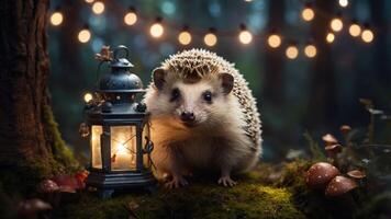 A hedgehog beside a lantern in a whimsical forest setting, illuminated by string lights. photo