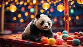 A panda playing with colorful yarn balls in a festive setting with glowing lanterns. photo