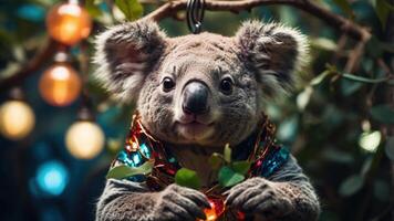 A koala adorned with colorful decorations, surrounded by foliage and soft lighting. photo