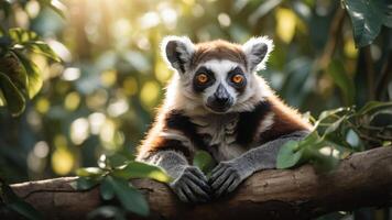 A lemur resting on a branch amidst lush greenery, showcasing its striking features. photo