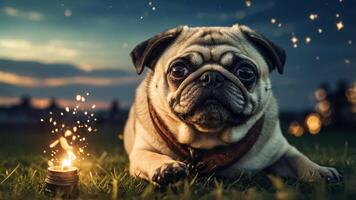 A pug lying on grass beside a glowing sparkler at dusk, creating a whimsical atmosphere. photo