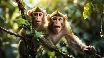 Two monkeys perched on a branch in a lush, green environment, displaying curious expressions. photo
