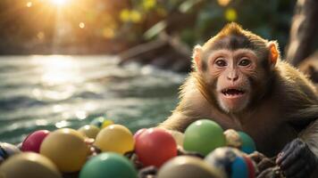 A playful monkey surrounded by colorful balls near a river at sunset. photo