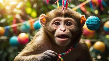 A playful monkey surrounded by colorful decorations and festive elements. photo