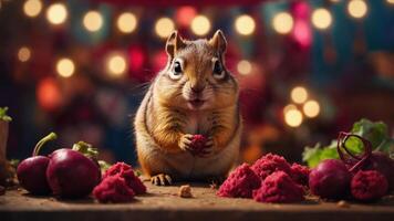 A cute chipmunk enjoying a feast of colorful food items in a festive setting. photo