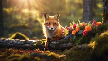A serene fox resting on a mossy log surrounded by vibrant flowers in a sunlit forest. photo