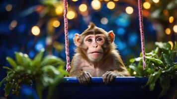 A curious monkey perched on a swing among plants and lights, evoking a playful atmosphere. photo