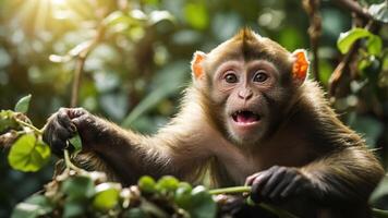 A playful monkey interacting with foliage, showcasing its expressive features. photo