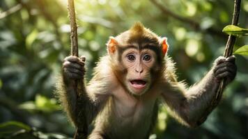 A surprised monkey hanging from branches in a lush green environment. photo