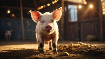 A cute piglet stands in a barn, illuminated by soft lights, creating a warm atmosphere. photo