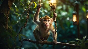 A monkey hanging from a branch in a lush, illuminated jungle setting. photo
