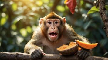 A surprised monkey sits on a branch with fruits, showcasing wildlife in a natural setting. photo