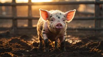A playful piglet stands in a sunlit farmyard, showcasing its curious nature. photo