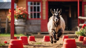 A playful goat running through a farmyard with red cones and a rustic barn in the background. photo
