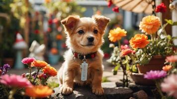 A cute puppy sits among colorful flowers in a vibrant garden setting. photo
