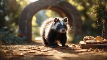 A cute badger stands on a forest path beside cookies, illuminated by soft sunlight. photo