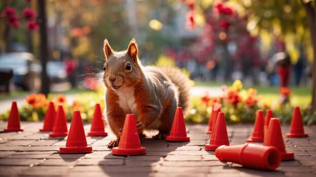 A squirrel navigating through red cones in a vibrant park setting. photo