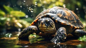 A close-up of a turtle in water with bubbles, surrounded by lush greenery. photo