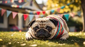 A pug resting on grass, adorned with colorful decorations in a festive outdoor setting. photo