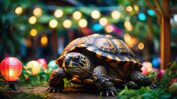 A tortoise in a vibrant garden with decorative lights creating a serene atmosphere. photo