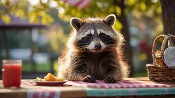 A raccoon sitting at a picnic table with food and a drink, enjoying a sunny outdoor setting. photo