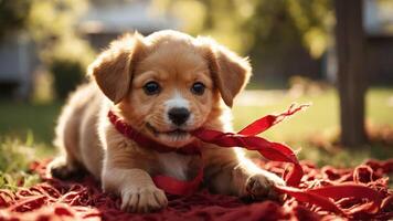 A playful puppy lying on a red blanket, chewing on a ribbon in a sunny outdoor setting. photo