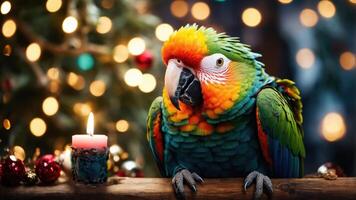 A colorful parrot sits beside a candle, with festive decorations in the background. photo