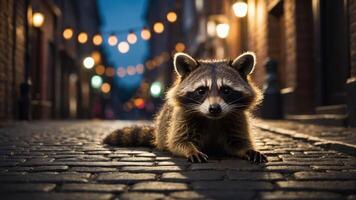 A raccoon on a cobblestone street illuminated by soft lights at dusk. photo