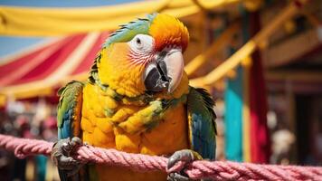 A colorful parrot perched on a rope, set against a vibrant carnival backdrop. photo