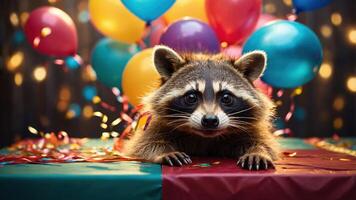 A raccoon at a festive table surrounded by balloons and confetti, celebrating a party. photo