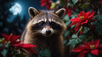 A raccoon amidst vibrant red poinsettias under a moonlit sky. photo