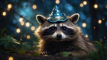 A raccoon wearing a party hat surrounded by twinkling lights in a forest setting. photo