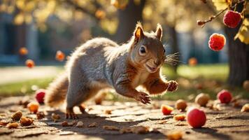 A lively squirrel running amidst fallen fruit in a vibrant autumn setting. photo