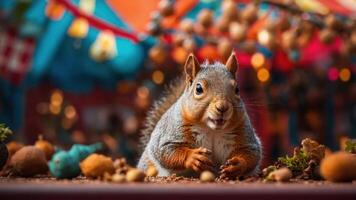 A close-up of a curious squirrel amidst scattered nuts and colorful festive decorations. photo