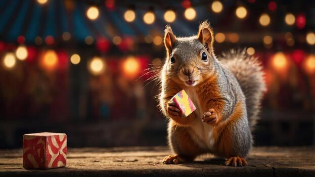 A playful squirrel holding a colorful block in a festive setting with lights. photo