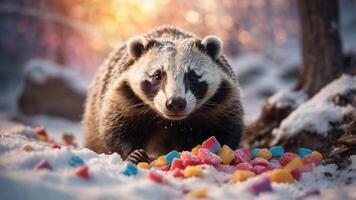 A badger forages in the snow, surrounded by colorful, sugary treats. photo